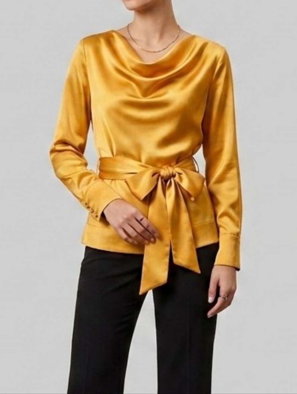 Concept | Satin Long Sleeve Blouse Top In Shiny Yellow Size XS